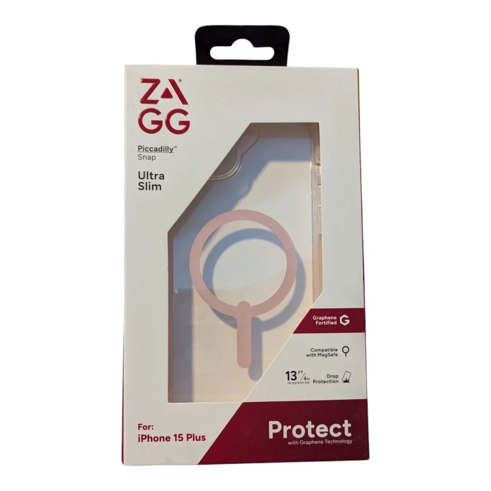 J8. Zagg Piccadilly Snap Case 13Ft/4M Drop Protection iPhone 15 Plus Clear/Pink